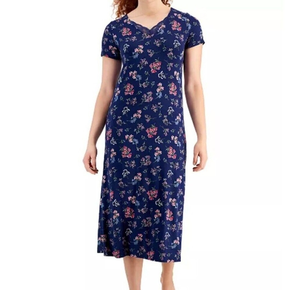CHARTER CLUB Nightgown Woman's XS Navy‎ Floral Lacy Trim Soft Stretch Loungewear